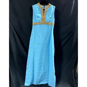 Nit Vintage Dress Aqua Blue Gold Accents Belt Zip Up Back No Size Tag 1950s 1960